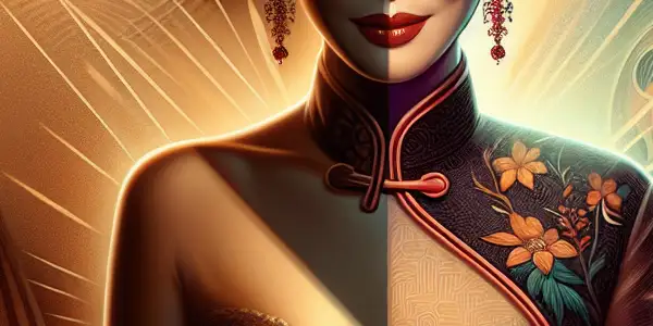 A portrait of Shu Qi symbolizing her cinematic evolution, contrasting early adult film elements with vibrant mainstream success.