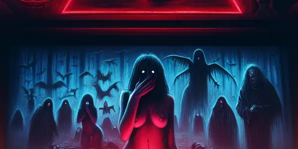 A young adult stands in a cursed, dimly lit movie theater, captivated by a nightmarish film.