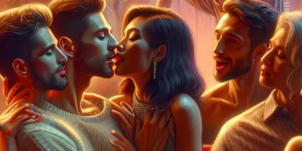 A vibrant film studio scene featuring a diverse group of individuals in stylish outfits, showcasing playful interactions and allure.