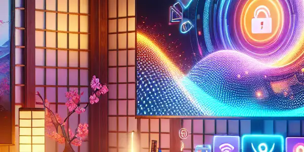 A modern home entertainment setup featuring a large screen with abstract visuals, symbols of privacy, and Japanese cultural elements.