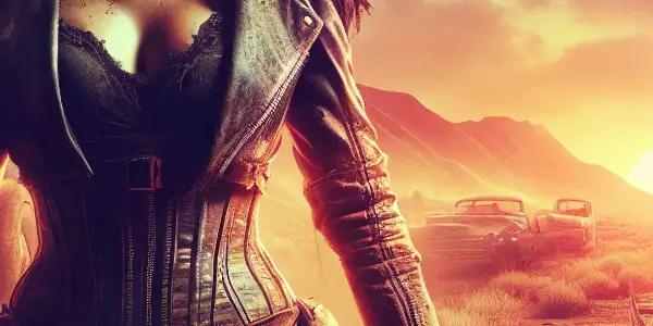 A fierce female warrior stands in a post-apocalyptic landscape, embodying strength and determination amidst chaos.