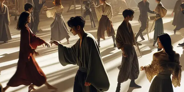 A modern Japanese film studio scene featuring diverse actors in provocative outfits rehearsing with subtle aphrodisiac elements.