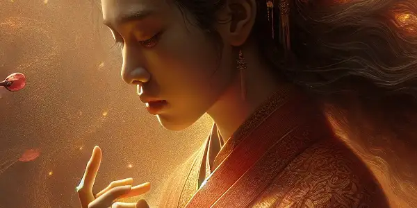 A beautiful woman surrounded by cherry blossoms, expressing deep yearning and passion in an intimate, romantic setting.