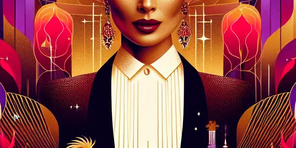 A glamorous adult film star in high-fashion attire surrounded by vibrant abstract shapes and iconic landmarks for a cinema festival.