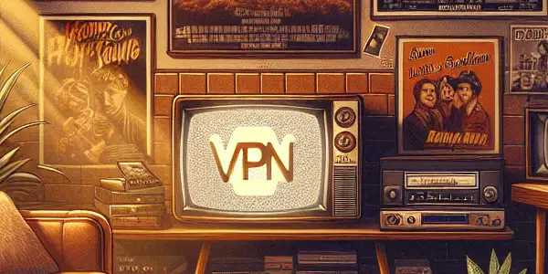 A cozy 1980s-inspired room featuring retro decor, classic film posters, and modern online safety elements.