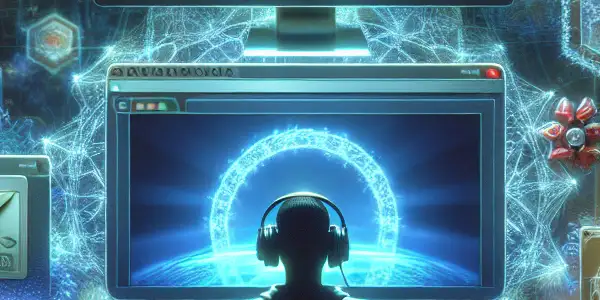 A high-tech computer setup showcasing online privacy, featuring a relaxed individual, secure connection symbols, and faint representations of digital threats.