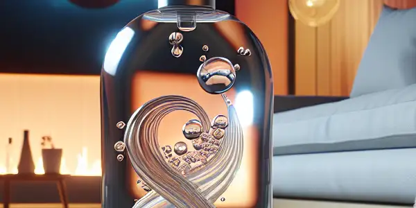 A cozy setting featuring a stylish lubricant bottle, with soft lighting and abstract adult film imagery in the background.