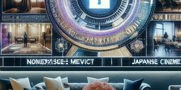 A modern room showcasing diverse characters enjoying Japanese adult films with secure payment symbols and a cozy atmosphere.