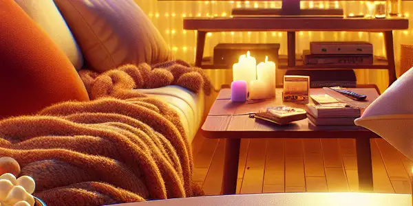 A cozy, intimate room featuring Durex and Okamoto condoms, with a blurred TV displaying classic Japanese AV films.