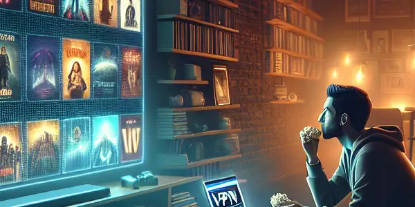 A cozy home scene with a person watching a vibrant movie display, surrounded by cushions, popcorn, and digital privacy elements.