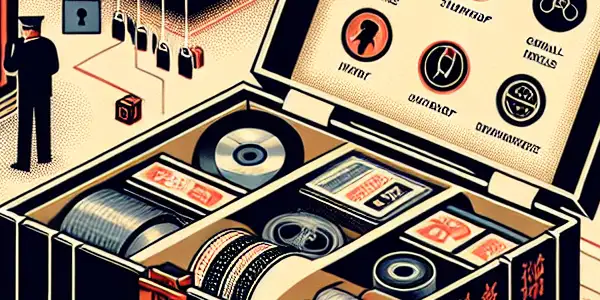 A modern, secure packaging design for Japanese adult films, featuring encrypted symbols and a customs officer's inspection.