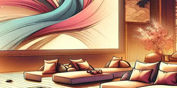 A cozy, luxurious spa environment with dim lighting, plush seating, and abstract visuals, featuring Japanese cultural elements.