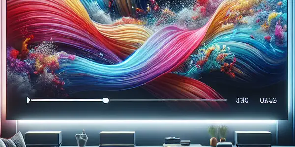 A cozy home theater with a large screen, plush sofa, popcorn, and ambient lighting for an immersive entertainment experience.