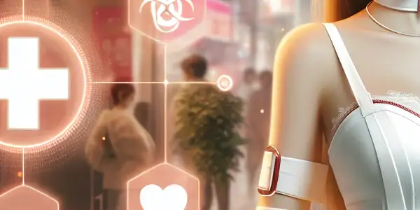 A confident model in a stylish nurse costume against a vibrant Japanese cityscape at dusk, emphasizing safety and allure.