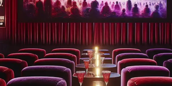 A stylish adult film screening room with plush seating, abstract visuals, and an engaged diverse audience.