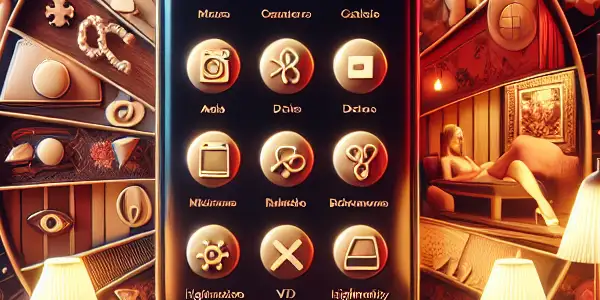 A modern smartphone displaying an adult app interface, surrounded by icons representing diverse adult entertainment categories in a cozy setting.