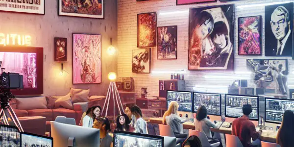 A vibrant digital workspace showcasing diverse young adults collaborating on adult content creation with stylish decor and filming equipment.