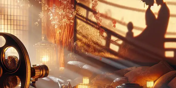 A nostalgic film set featuring a vintage projector, romantic silhouettes, and traditional Japanese decor, creating an intimate atmosphere.