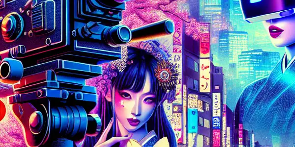A vibrant scene depicting the evolution of Japanese adult films, featuring a classic camera, VR headset, and a Tokyo cityscape.