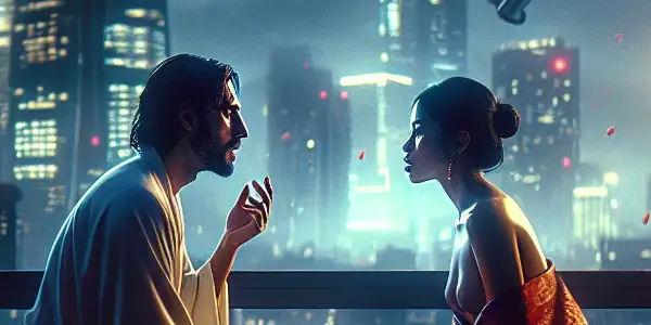 A couple shares an intimate conversation on a rooftop at dusk, surrounded by city lights and cherry blossoms.