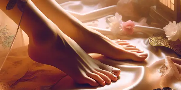 Elegantly posed feet on luxurious satin, surrounded by soft lighting and subtle Japanese decor, evoke sensual beauty.