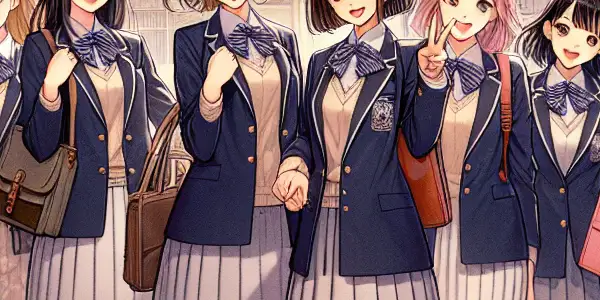 A lively Japanese high school scene with female students in uniforms, cherry blossoms, and playful camaraderie.
