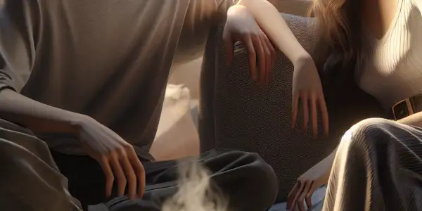 A cozy Japanese living room with a playful young couple enjoying a warm, intimate conversation.