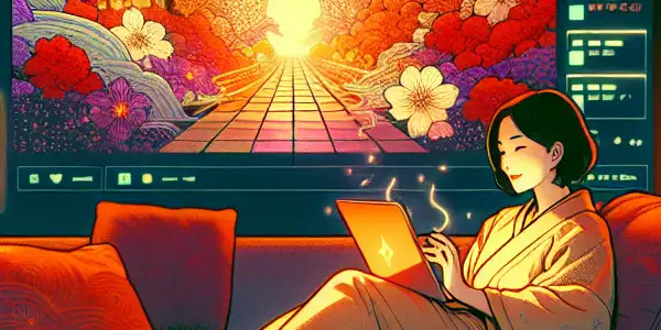 A young adult enjoys vibrant visuals on a screen in a cozy, dimly lit home, surrounded by comfort and warmth.