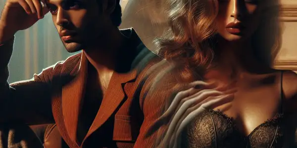 A young man and mature woman share an intimate moment in a dimly lit room, symbolizing a taboo relationship.