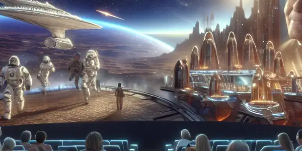 A futuristic movie theater filled with a diverse audience captivated by a classic sci-fi film, featuring stunning space visuals.
